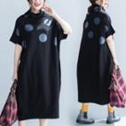 Short-sleeve Dotted Midi Dress Black - One Size