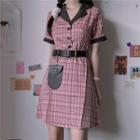 Contrast Trim Short Sleeve Plaid A-line Dress / Belt / Bags / Set
