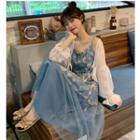 Lace Up Light Jacket / Flower Print Spaghetti Strap Midi A-line Dress