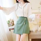 Long-sleeve Contrast Trim Chiffon Blouse / A-line Mini Skirt / Set