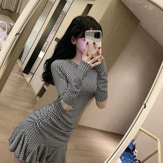 Long-sleeve Houndstooth Cutout Dress