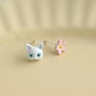 Cat Stud Earring 1 Pair - Asymmetric - White & Pink - One Size