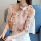 Floral Cold Shoulder Elbow-sleeve Blouse