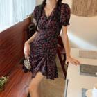 Short-sleeve Floral Printed V-neck Drawstring Dress