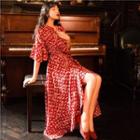 Elbow-sleeve Patterned Asymmetric Ruffled A-line Midi Dress