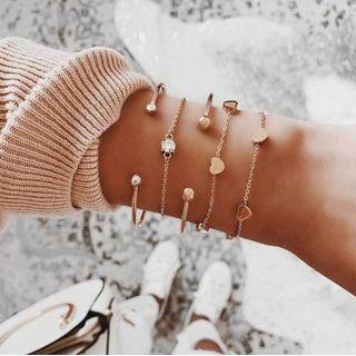 Set Of 5: Heart Bracelet + Open Bangle + Rhinestone Bracelet 8319 - Gold - One Size