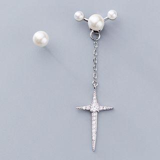 Non-matching 925 Sterling Silver Rhinestone Cross Faux Pearl Dangle Earring 1 Pair - S925 Silver - One Size
