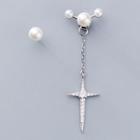 Non-matching 925 Sterling Silver Rhinestone Cross Faux Pearl Dangle Earring 1 Pair - S925 Silver - One Size