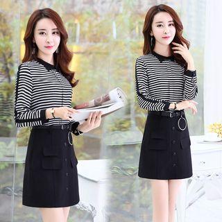 Set: Long-sleeve Striped Top + Buttoned A-line Skirt