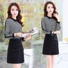 Set: Long-sleeve Striped Top + Buttoned A-line Skirt