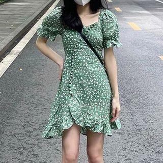 Short-sleeve Floral Asymmetrical Mini A-line Dress