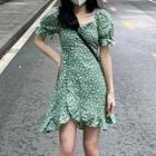 Short-sleeve Floral Asymmetrical Mini A-line Dress