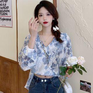 Long-sleeve Ruffle Trim Floral Tie-waist Blouse Blue - One Size
