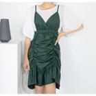 Set: Elbow-sleeve T-shirt + Spaghetti Strap Asymmetric Crinkled Mini Dress