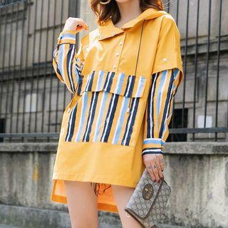 Striped Panel Hooded Short-sleeve T-shirt With Detachable Sleeves As Shown In Figure - One Size