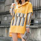 Striped Panel Hooded Short-sleeve T-shirt With Detachable Sleeves As Shown In Figure - One Size