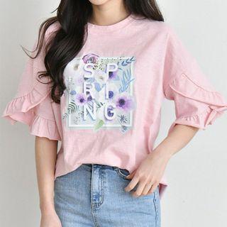 Frilled-sleeve Printed Top