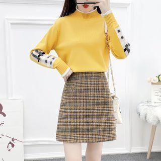 High-neck Furry Trim Knit Top+high-waist Plaid Skirt