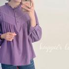 Frill-neck Balloon-sleeve Lace-trim Blouse