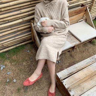 Plain Turtle-neck Long-sleeve Knit Dress / Hooded Knit Vest
