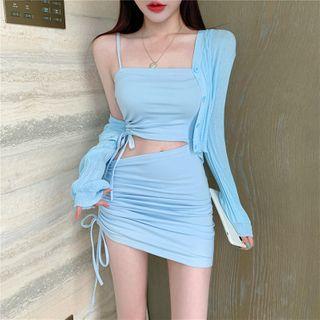 Spaghetti Strap Drawstring Cutout Sheath Dress / Cropped Jacket