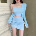 Spaghetti Strap Drawstring Cutout Sheath Dress / Cropped Jacket