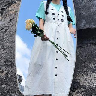 Short-sleeve T-shirt / Floral Embroidered Overall Dress