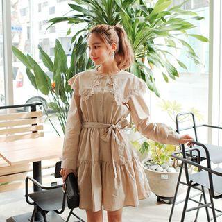 Sailor-collar Tiered A-line Dress With Sash