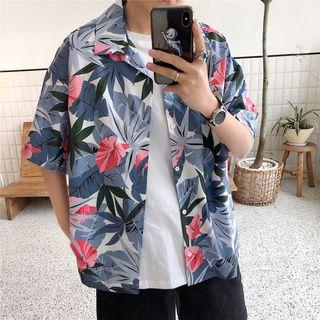 Elbow-sleeve Tropical Print Shirt