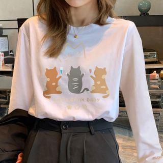 Cat Print Cotton Long-sleeve Top