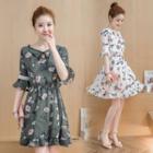 Floral Print Bell Elbow-sleeve A-line Dress