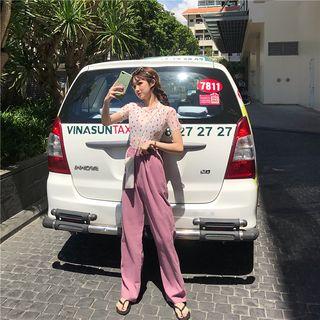 Floral Printed Mesh T-shirt / Plain Pants