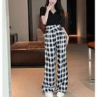 Collared V-neck Crop T-shirt / Plaid Wide-leg Pants