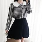 Set: Contrast-collar Gingham Shirt + Flare Skirt