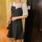 Set: Short-sleeve Blouse + Spaghetti Strap Mini A-line Dress