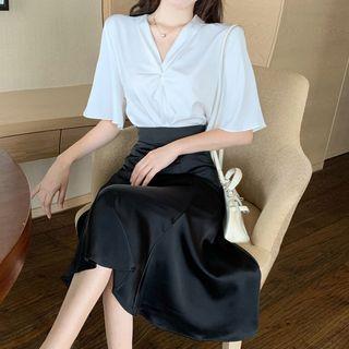 V-neck Plain Blouse / Midi A-line Skirt / Set