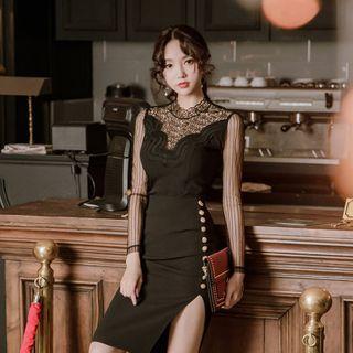 Long-sleeve Lace Panel Slit Sheath Dress