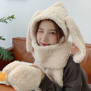 Rabbit Earring Hooded Scarf With Mittens