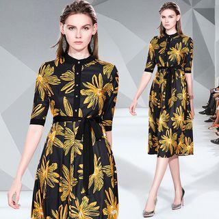 Elbow-sleeve Floral Printed A-line Midi Dress