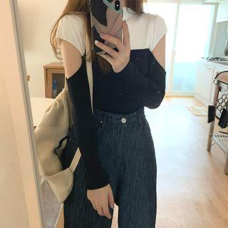 Color-block Mock-neck Long-sleeve Top Black - One Size
