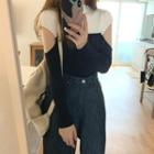 Color-block Mock-neck Long-sleeve Top Black - One Size