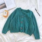 Plain V-neck Single-breasted Cable-knit Cardigan