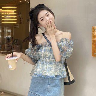 Off-shoulder Floral Print Top Blue - One Size