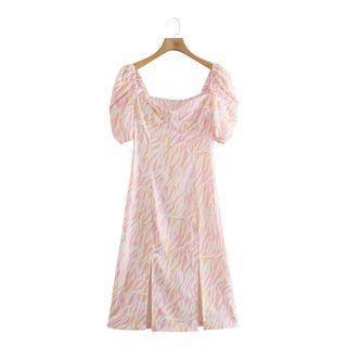 Striped Print Square Neck Short-sleeve Mini A-line Dress