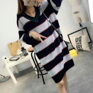 Striped 3/4-sleeve V-neck Sweater Dress