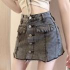 Lace Up Off-shoulder Blouse / Denim Mini A-line Skirt