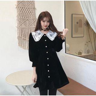 Lace Collar Long-sleeve Mini A-line Velvet Dress