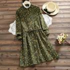 Long-sleeve Floral Print Corduroy A-line Dress