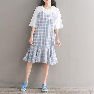 Plaid Panel Short-sleeve Hooded Dress