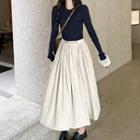 Lace Trim Long-sleeve T-shirt / Midi A-line Skirt